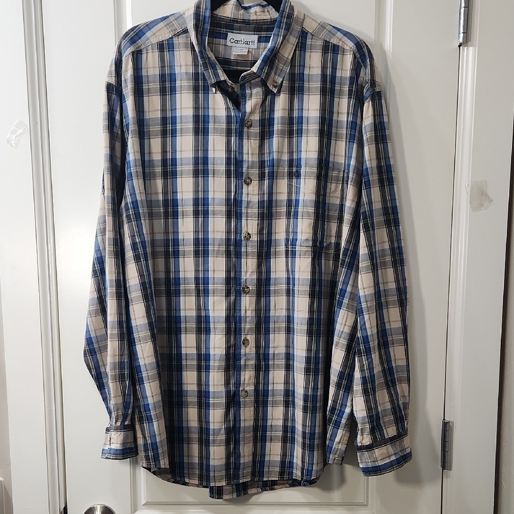 Carhartt Men's Blue and Beige Plaid Button Down Shirt - 2XL